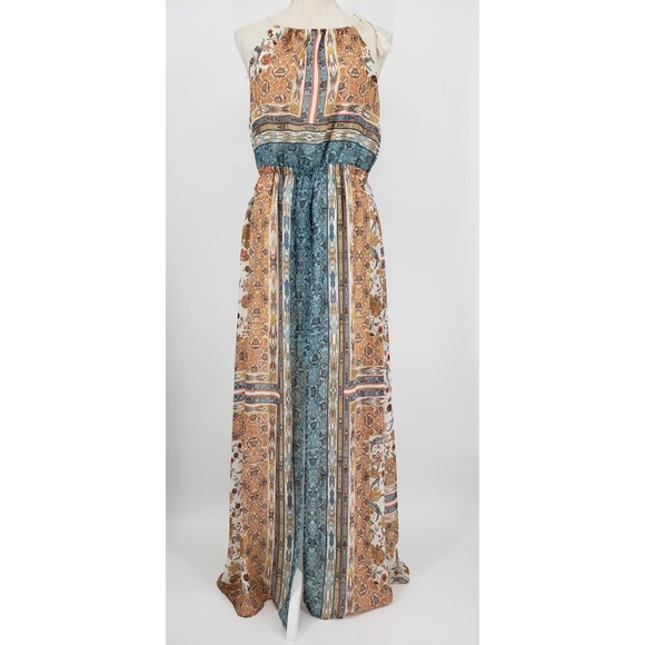 Zara Dresses & Skirts - Zara Maxi Dress M Boho Halter Tassel Center Slit Long Sleeveless Blue Orange Tan
